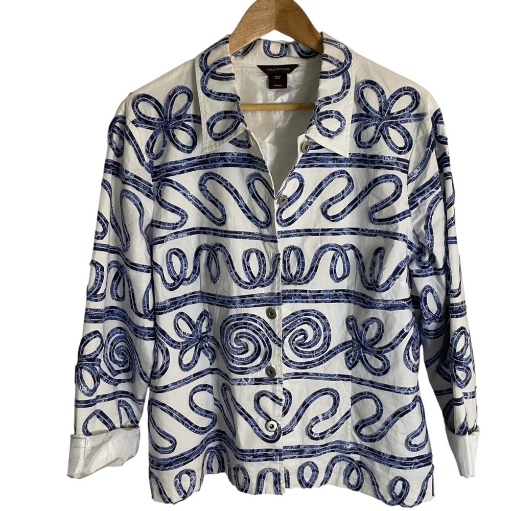 Multiples Blue and White Buttoned Jacket Size XL textured ribbon old money chic